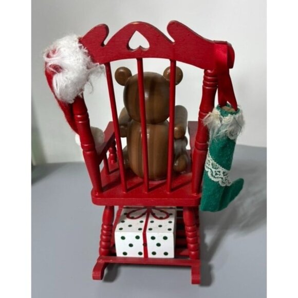 Vtg Christmas Rocking Chair Music Box Teddy Bear Wooden Holiday Decor - Picture 4 of 8